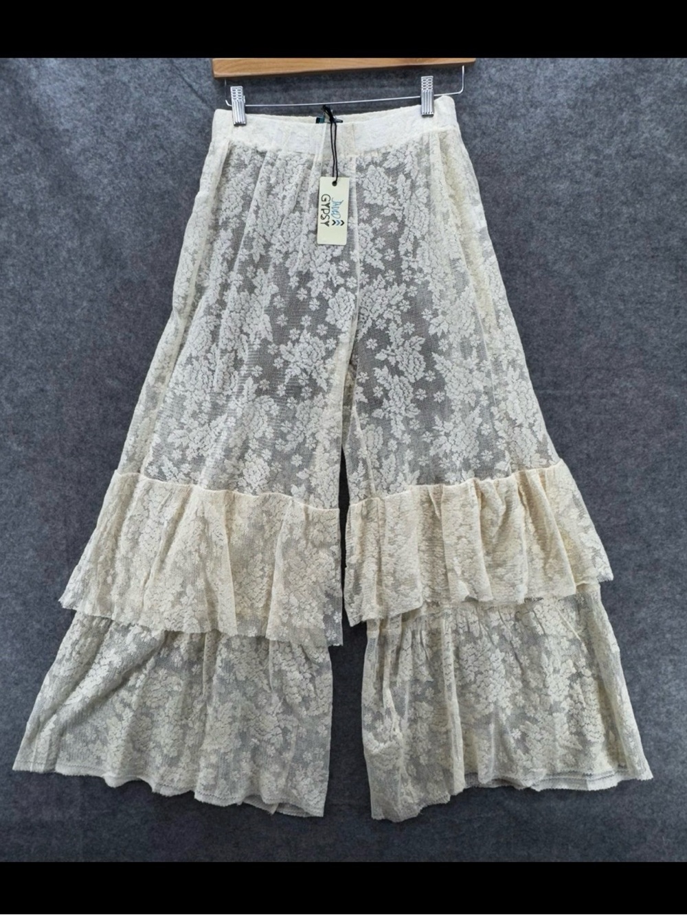 Lace Tiered Wide-Leg Pants - Cream - Picture 1 of 9